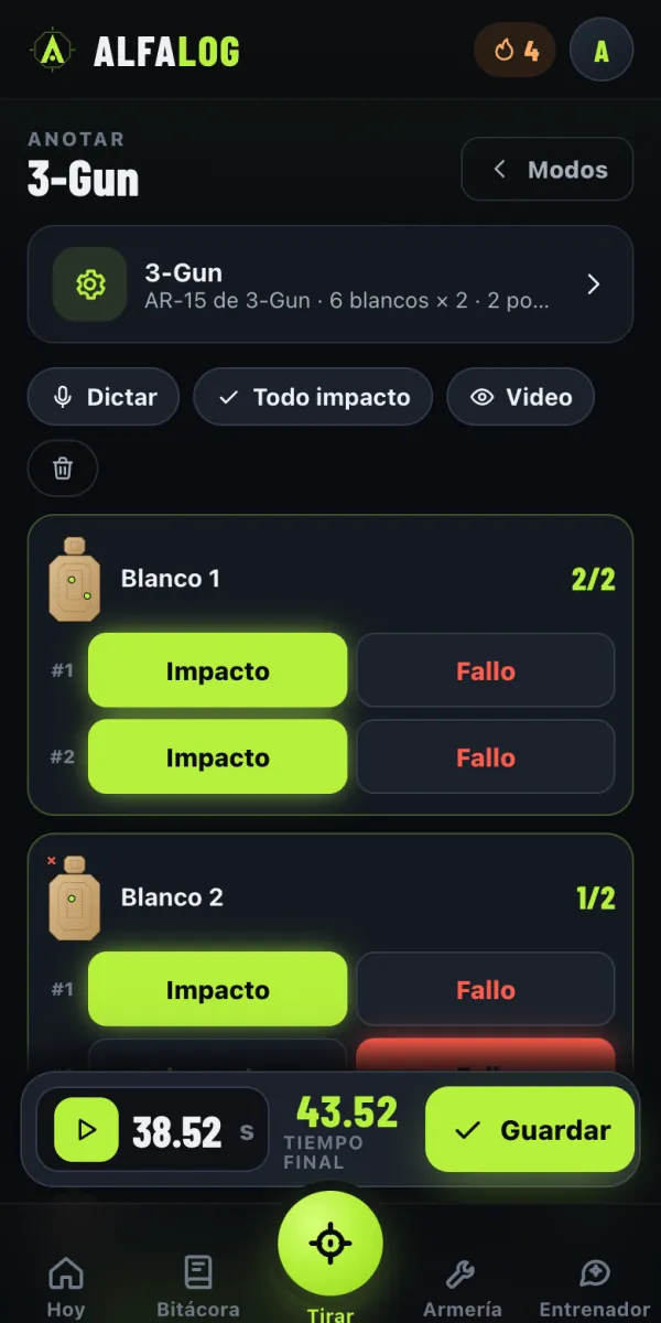 Hoja de puntuación de 3-Gun en AlfaLog