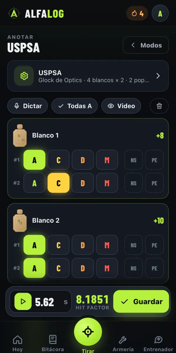 Hoja de puntuación de USPSA en AlfaLog