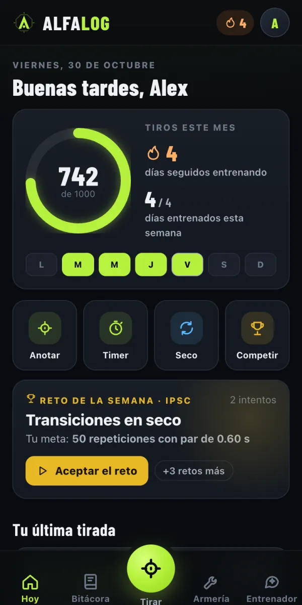 Pantalla de inicio de AlfaLog con la meta de tiros del mes