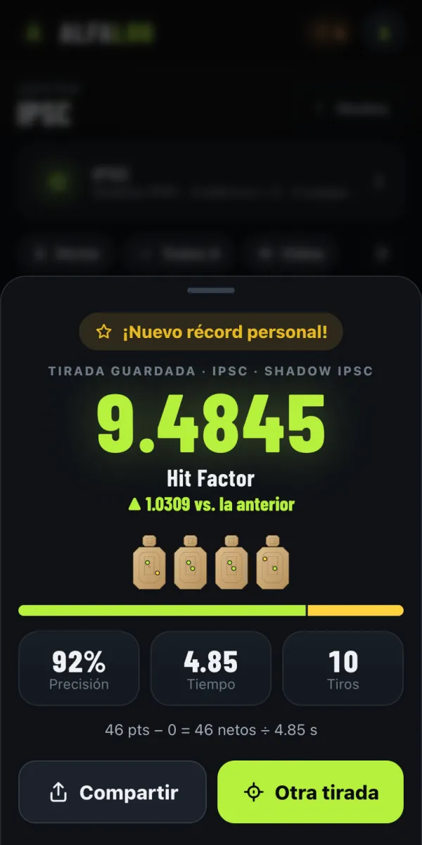 Hit Factor de una tirada recién guardada, con récord personal